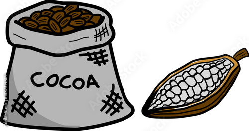 Cocoa Bean Sack Illustration. Hand Drawn Cacao Bag. Chocolate Ingredient Vector. Tropical Agriculture Product. Food Ingredient Illustration.