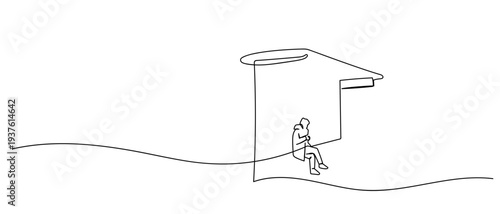 People waiting at the bus stop in continuous line art drawing style. minimalist black linear sketch isolated on transparent background Editable stroke.