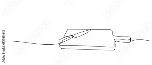 Wooden cutting board with handle and knife in continuous line art drawing style. minimalist black linear sketch isolated on transparent background Editable stroke.