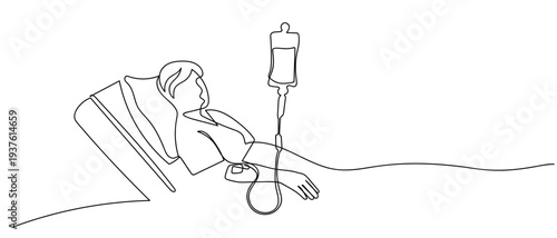 The patient is receiving intravenous fluids in continuous line art drawing style. minimalist black linear sketch isolated on transparent background Editable stroke.