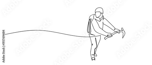 rock climbing athlete in continuous line art drawing style. minimalist black linear sketch isolated on transparent background Editable stroke.