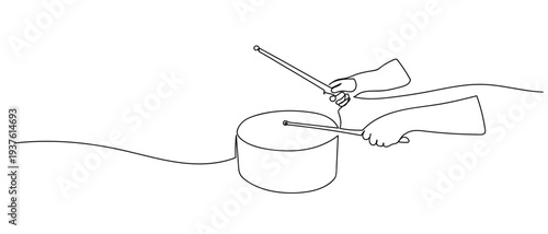 hands playing drums in continuous line art drawing style. minimalist black linear sketch isolated on transparent background Editable stroke.