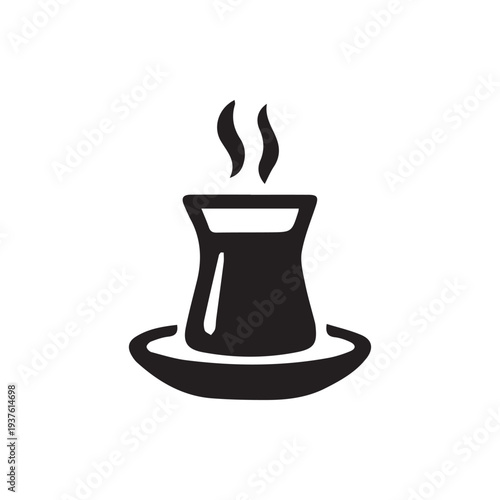 Steaming Hot Turkish Tea Glass Icon Black and White Silhouette Vector