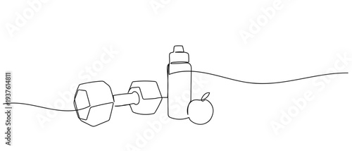 Dumbbells, a water bottle, and an apple: a health concept in continuous line art drawing style. minimalist black linear sketch isolated on transparent background Editable stroke.