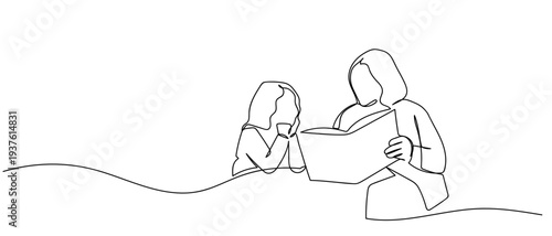 The little girl is listening to a bedtime story in continuous line art drawing style. minimalist black linear sketch isolated on transparent background Editable stroke.