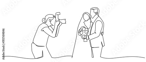 The photographer is taking pictures of the bride and groom in continuous line art drawing style. minimalist black linear sketch isolated on transparent background Editable stroke.