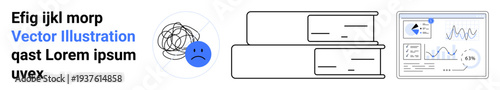 Business analysis, workflow organization, emotional stress, productivity management, data management, information overload. A sad face with tangled lines, file stacks, and analytics dashboard