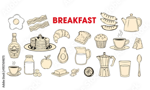 Breakfast Food Icon Set – Eggs, Pancakes, Bacon, Coffee and Bakery Morning Meal Vector Collection