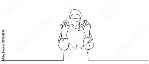 The surgeon is preparing for surgery with his hands held in front of him in continuous line art drawing style. minimalist black linear sketch isolated on transparent background Editable stroke.