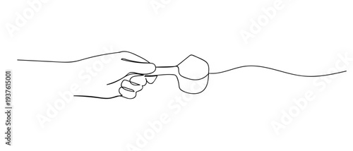 The hand is holding a measuring spoon to scoop the powder in continuous line art drawing style. minimalist black linear sketch isolated on transparent background Editable stroke.