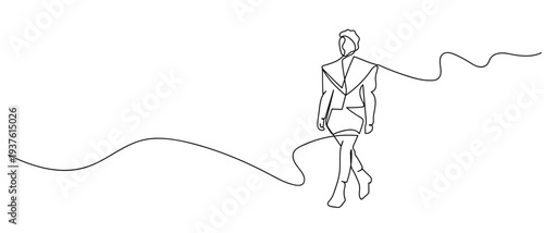 A model walking on the runway in continuous line art drawing style. minimalist black linear sketch isolated on transparent background Editable stroke.