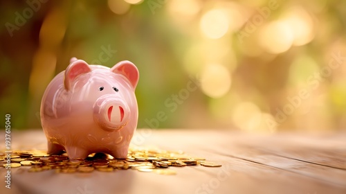 Piggy bank surrounded by scattered coins on a wooden table, symbolizing savings and financial planning.