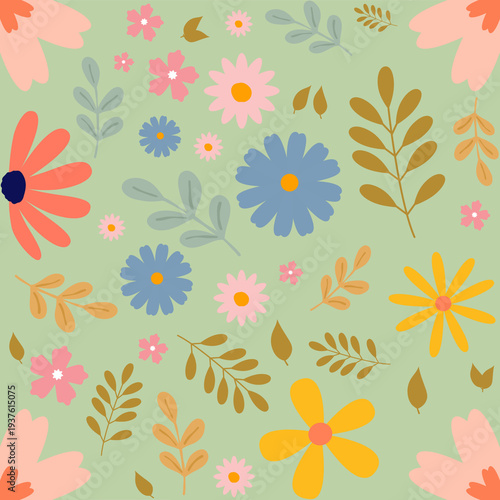 Bright Ditsy Florals - Seamless Pattern on Sage Green Background