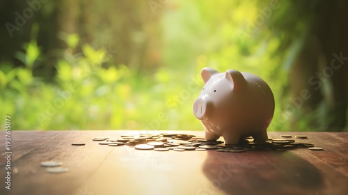 Piggy bank surrounded by scattered coins on a wooden table, symbolizing savings and financial planning.