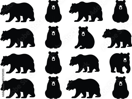 Collection Of Black Bear Silhouettes In Various Poses Including Walking And Sitting Isolated On White Background For Wildlife Nature Graphic Design And Forest Branding