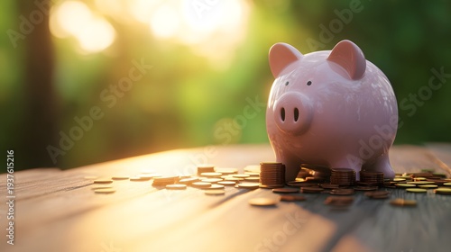 Piggy bank surrounded by scattered coins on a wooden table, symbolizing savings and financial planning.
