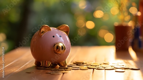 Piggy bank surrounded by scattered coins on a wooden table, symbolizing savings and financial planning.