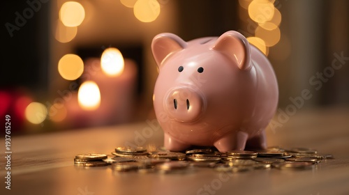 Piggy bank surrounded by scattered coins on a wooden table, symbolizing savings and financial planning.