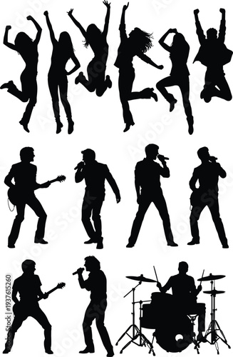 Collection Of Black Silhouettes Featuring Rock Band Musicians Singers Guitarists Drummers And Energetic People Jumping Isolated On White Background For Concert Music Event Graphic Design