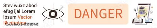 Risk management, safety warnings, digital communications, time awareness, data analysis, cyber security. An eye with a clock, Danger text and technology icons. Risk management and safety warnings