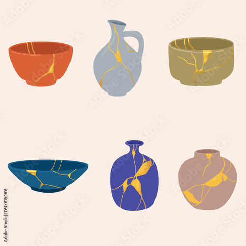 Elegant Collection of Kintsugi Ceramics Showcasing the Japanese Art of Repairing Broken Pottery with Golden Lacquer, Symbolizing Resilience and Imperfect Beauty, a Unique Cultural Craft