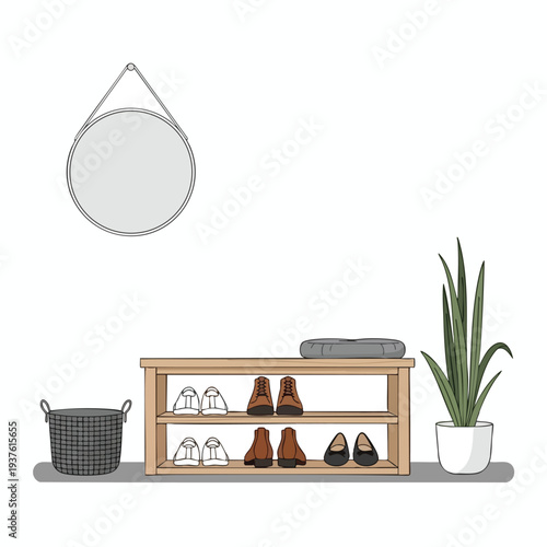 Cozy home interior with shoe rack and potted plant