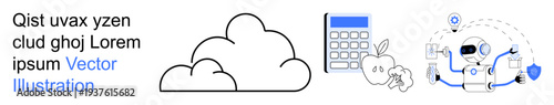 Cloud storage, online learning, healthy living, artificial intelligence, innovation, digital transformation. Graphic icons include a cloud, calculator with apples and a robot with shield. Cloud
