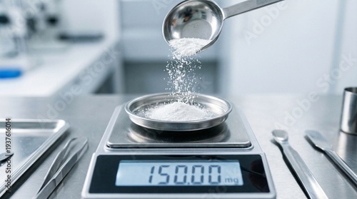 Precision in Science: An overhead shot showcases the meticulous process of weighing a fine substance with precision in a laboratory setting.