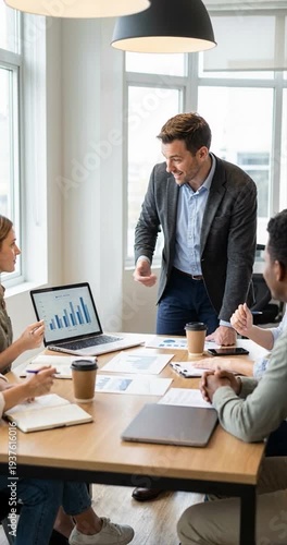 Business meeting discussion around table laptop documents