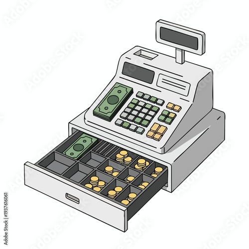 Cash Register with Open Drawer and Money