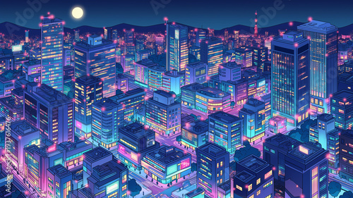 ネオンが輝く夜の都市ビル群を俯瞰視点で描いた未来都市イラスト、都会の夜景と月が浮かぶサイバー風街並み、レトロゲーム、シティポップ、音楽動画背景、配信画面、広告ビジュアルに使える都市素材