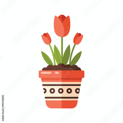 Beautiful Red Tulips in a Decorative Pot for Spring Garden Decor