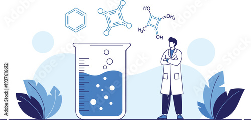 Scientific Research Chemistry Concept Vector Illustration with Scientist Laboratory Beaker Chemical Molecules and Experimental Analysis for Science Education Design