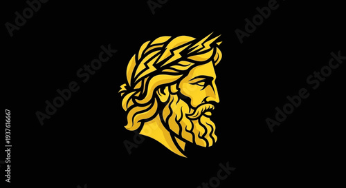 Golden profile portrait of a bearded man with laurel wreath and lightning