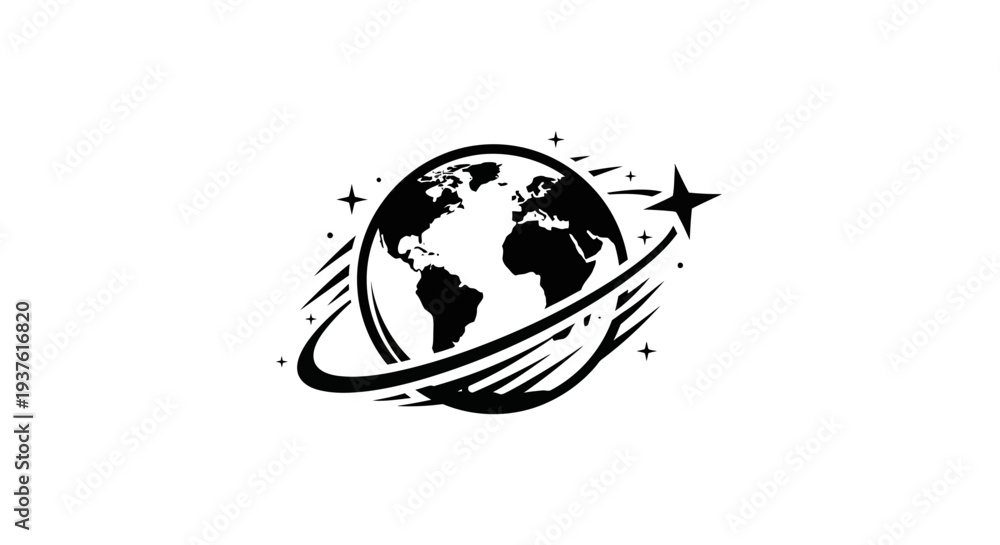 Obraz premium Black and white globe logo with orbiting trail and star symbol