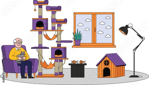 Senior Man Sitting with Cat in Cozy Living Room with Cat Tree House and Pet Accessories Vector Illustration for Pet Care and Home Lifestyle Design