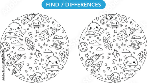 Find Seven Differences Space Puzzle Vector Illustration with Planets Rockets UFOs and Stars Kids Educational Activity Coloring Game Design