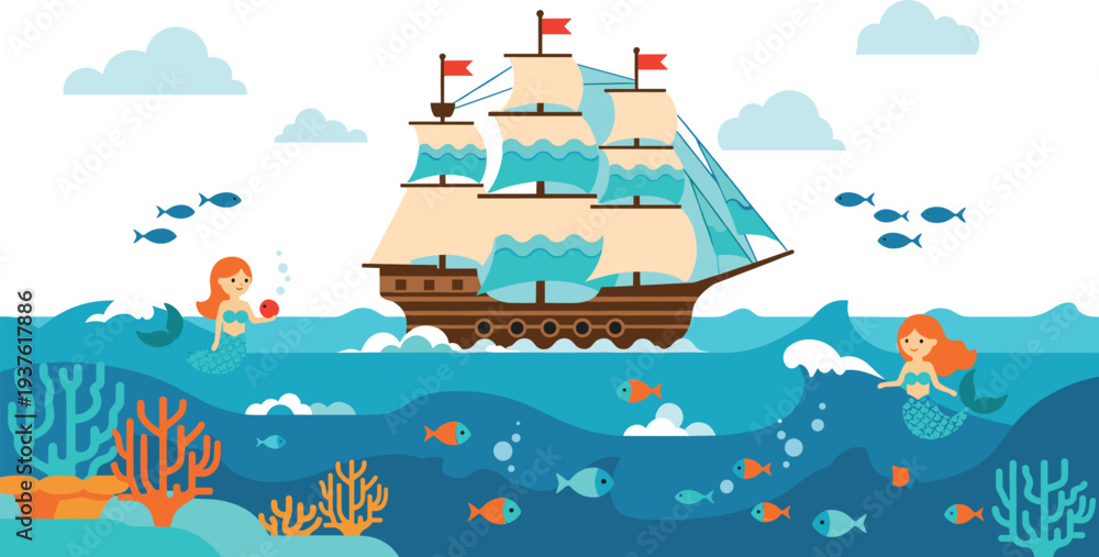 Naklejka premium Pirate Ship Sailing with Mermaids Underwater Scene Vector Illustration with Ocean Waves Coral Reef Fish and Fantasy Sea Adventure Design