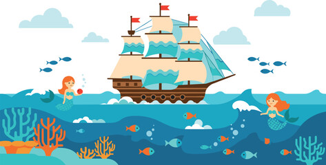 Wandcirkels Piraten Piratenschip met zeemeerminnen onder water  © Sanjida