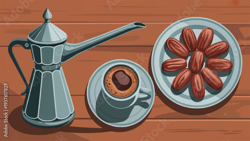 Traditional arabic coffee setup with dates on a wooden table including a teapot cup and plate of dates