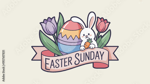 Easter sunday celebration with bunny decorated egg and flowers on a banner