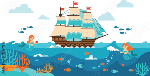 Pirate Ship Sailing with Mermaids Underwater Scene Vector Illustration with Ocean Waves Coral Reef Fish and Fantasy Sea Adventure Design