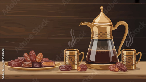 Traditional arabic coffee setup with dates on a wooden table warm lighting cozy atmosphere breakfast or ramadan iftar concept