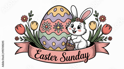 Easter sunday bunny holding basket beside colorful decorated egg and flowers