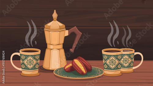 Steaming coffee cups and croissants on a plate with a coffee maker on a wooden table indoors
