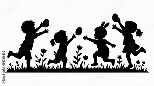 Children playing tennis outdoors in a field of flowers and grass on a sunny day with joyful expressions