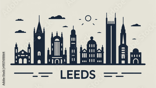Cityscape silhouette of leeds with iconic buildings and sunny sky uk urban landscape