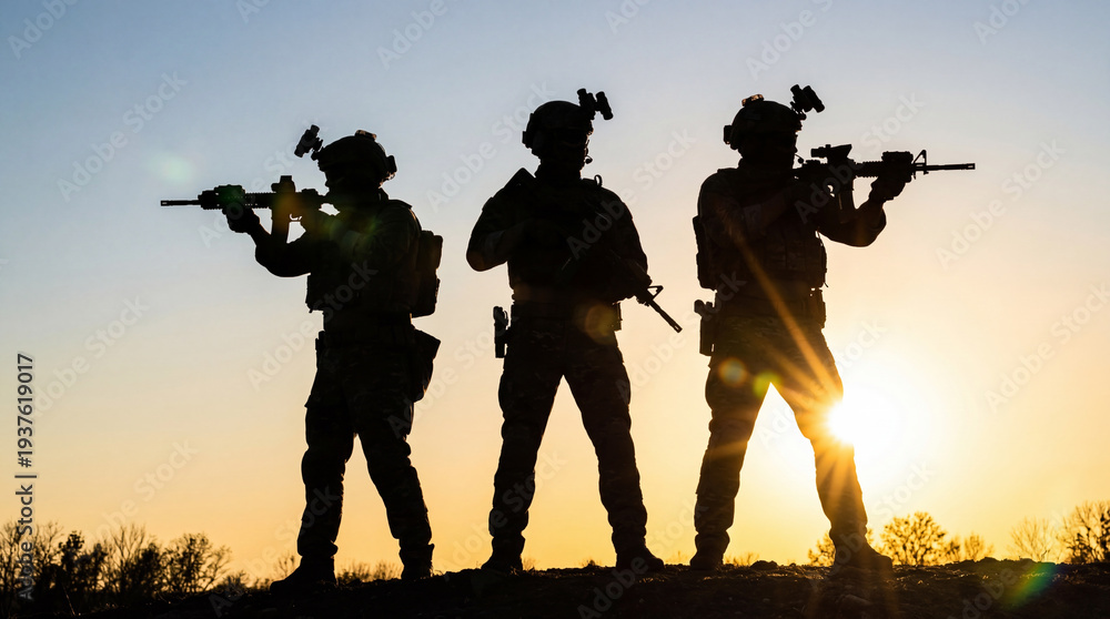 Obraz premium Military soldier silhouette tactical team rifle sunset combat gear special force patrol horizon war scene mission