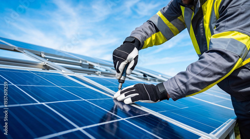 Solar panel technician maintenance renewable energy installation blue sky glove solar panel technician maintenance renewable