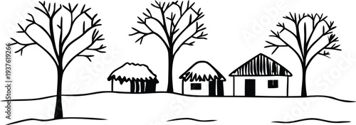 African Village Scene with Thatched Huts and Trees Simple Line Drawing Stock Illustration